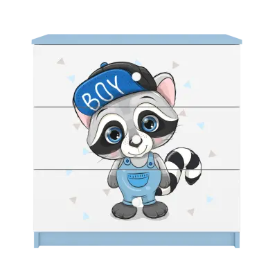 Babydreams barnbyrå med tvättbjörn, med 3 lådor - vit och blå laminat