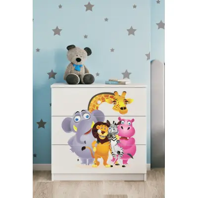 Babydreams barnbyrå med zoodjur, med 3 lådor - vit laminat