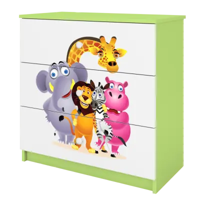 Babydreams barnbyrå med zoodjur, med 3 lådor - vit och grön laminat