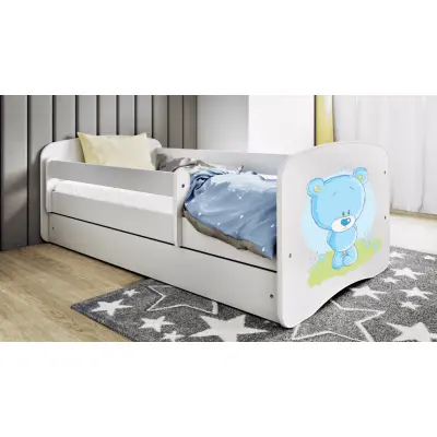 Babydreams juniorsäng med blå nallebjörn, med madrass, stödbräda, låda - vit laminat (160x80)