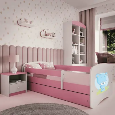 Babydreams juniorsäng med blå nallebjörn, med madrass, stödbräda, låda - vit och rosa laminat (140x70)