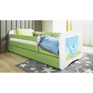 Babydreams juniorsäng med blå nallebjörn, med madrass, stödbräda, låda - vit/grön laminat (160x80)