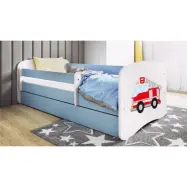 Babydreams juniorsäng med brandbil, med madrass, stödbräda, låda - vit och blå laminat (160x80)