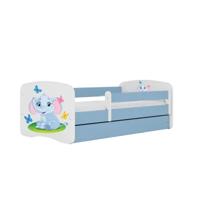 Babydreams juniorsäng med elefant, med madrass, stödbräda, låda - vit och blå laminat (140x70)