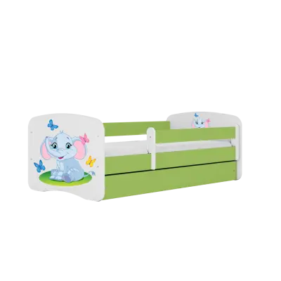 Babydreams juniorsäng med elefant, med madrass, stödbräda, låda - vit/grön laminat (160x80)