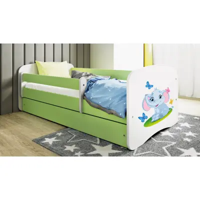 Babydreams juniorsäng med elefant, med madrass, stödbräda, låda - vit/grön laminat (140x70)