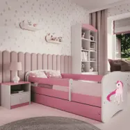Babydreams juniorsäng med enhörning, med madrass, stödbräda, låda - vit och rosa laminat (160x80)