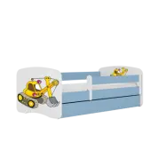 Babydreams juniorsäng med grävmaskin, med madrass, stödbräda, låda - vit och blå laminat (140x70)
