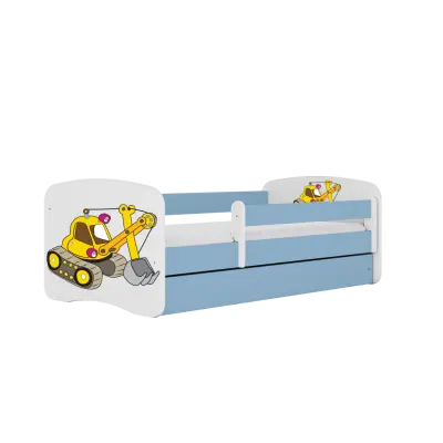 Babydreams juniorsäng med grävmaskin, med madrass, stödbräda, låda - vit och blå laminat (180x80)