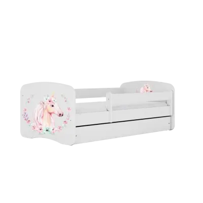 Babydreams juniorsäng med häst, med madrass, stödbräda och låda - vit laminat (140x70)