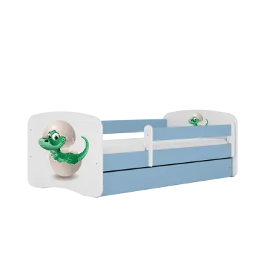 Babydreams juniorsäng med liten dinosaurie, med madrass, stödbräda, låda - vit och blå laminat (160x80)