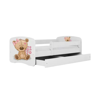 Babydreams juniorsäng med nallebjörn och blommor, med madrass, stödbräda och låda - vit laminat (140x70)