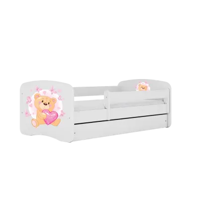 Babydreams juniorsäng med nallebjörn och fjärilar, med madrass, stödbräda, låda - vit laminat (160x80)