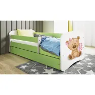 Babydreams juniorsäng med nallebjörn/blommor, med madrass, stödbräda, låda - vit och grön laminat (160x80)