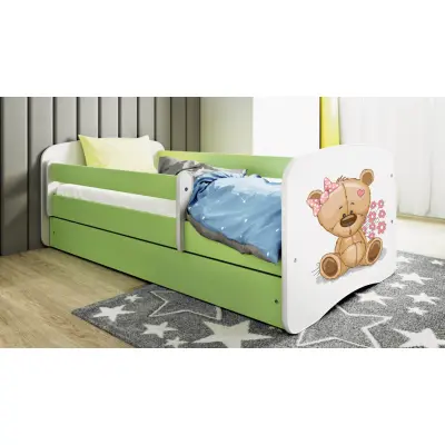 Babydreams juniorsäng med nallebjörn/blommor, med madrass, stödbräda, låda - vit och grön laminat (160x80)