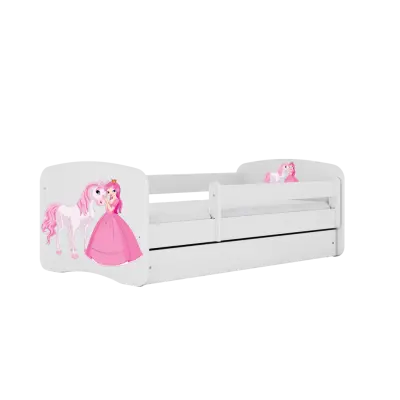 Babydreams juniorsäng med prinsessa och häst, med madrass, stödbräda och låda - vit laminat (140x70)
