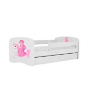 Babydreams juniorsäng med prinsessa på häst, med madrass, stödbräda och låda - vit laminat (140x70)