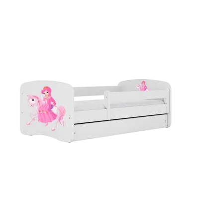 Babydreams juniorsäng med prinsessa på häst, med madrass, stödbräda och låda - vit laminat (160x80)