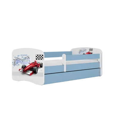 Babydreams juniorsäng med racerbil, med madrass, stödbräda, låda - vit och blå laminat (160x80)