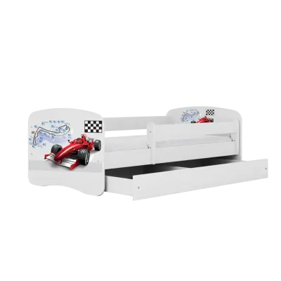 Babydreams juniorsäng med racerbil, med madrass, stödbräda och låda - vit laminat (160x80)