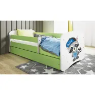 Babydreams juniorsäng med tvättbjörn, med madrass, stödbräda och låda - vitt och grönt laminat (140x70)