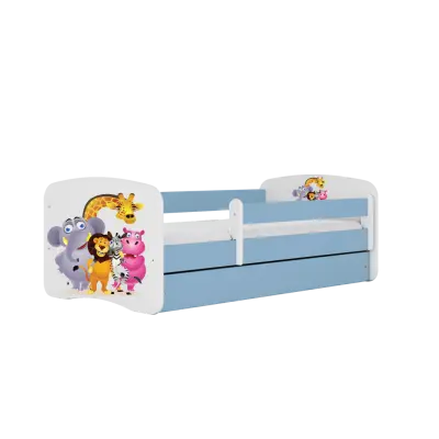 Babydreams juniorsäng med zoodjur, med madrass, stödbräda, låda - vit och blå laminat (160x80)