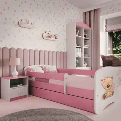 Babydreams juniorsäng nallebjörn med blommor, med madrass, stödbräda, låda - vit/rosa laminat (160x80)