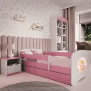 Babydreams juniorsäng nallebjörn/fjärilar, med madrass, stödbräda, låda - vit/rosa laminat (160x80)