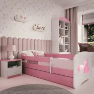 Babydreams juniorsäng prinsessa med häst, med madrass, stödbräda, låda - vit/rosa laminat (160x80)