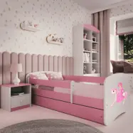 Babydreams juniorsäng prinsessa på häst, med madrass, stödbräda, låda - vit/rosa laminat (160x80)