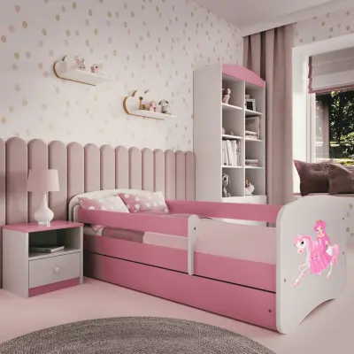 Babydreams juniorsäng prinsessa på häst, med madrass, stödbräda, låda - vit/rosa laminat (180x80)