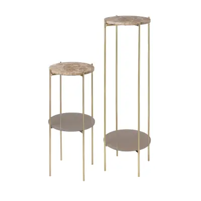 COSY LIVING Marmor piedestal, m. hylla - karamellbrun marmor/glas och mässingsjärn