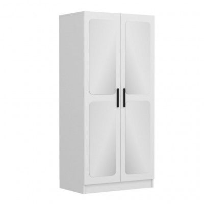 FUNZI LIVING Kales 210 garderob, m. 2 spegeldörrar, 1 hylla, 2 hängstänger - vit melamin