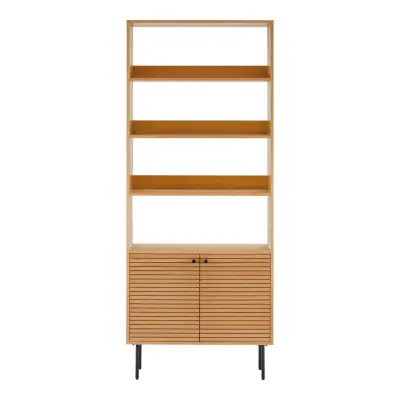 HOUSE NORDIC Kyoto bokhylla, med 2 dörrar, 4 hyllor - naturfärgad melamin/ekfaner och svart stål