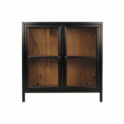 HSM COLLECTION Kingston Vitrinskåp, med 2 Luckor och 1 Hylla - Glas, Naturligt Akaciaträ och Svart Järn