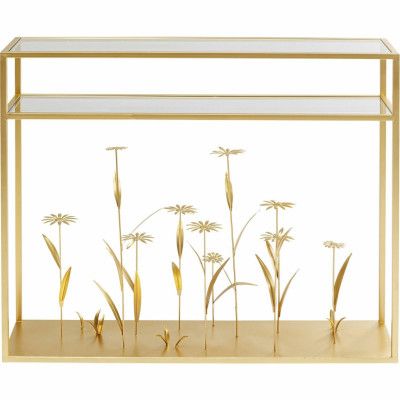 KARE DESIGN Rektangulärt Flower Meadow Gold Konsollbord, med Hylla - Klarglas och Guldstål (100 x 25 cm)