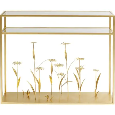 KARE DESIGN Rektangulärt Flower Meadow Gold Konsollbord, med Hylla - Klarglas och Guldstål (100 x 25 cm)