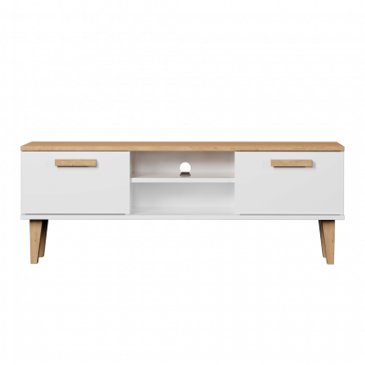 KOCOT Denver TV-bord, m. 2 dörrar och 1 hylla - vit och naturlig hickoryspånskiva (120x47,2)