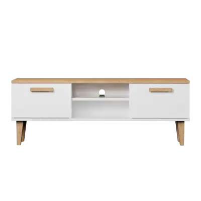 KOCOT Denver TV-bord, m. 2 dörrar och 1 hylla - vit och naturlig hickoryspånskiva (120x47,2)