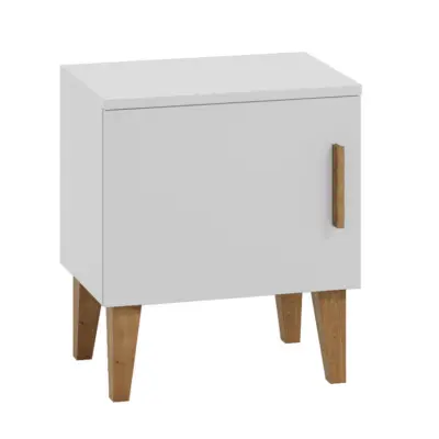 Kubi sängbord för barn, med 1 dörr och 1 hylla - vit spånskiva och ek (50x34)