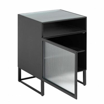 KAVE HOME Trixie Sängbord, med Lucka och Hylla - Klarglas och Svart Stål (45 x 58 cm)