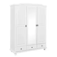 NORDIC LIVING COLLECTION Kappl lantlig garderob i massivt trä, 3 dörrar med 3 lådor, 1 klädstång i metall, 1 hatthylla och 4 fack i vitt