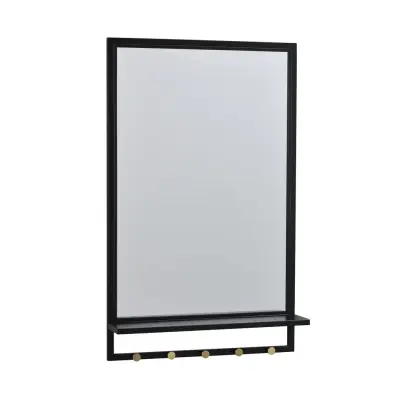 ROWICO Malone Väggspegel, med Hylla och Guldknoppar - Spegelglas och Svart Metall