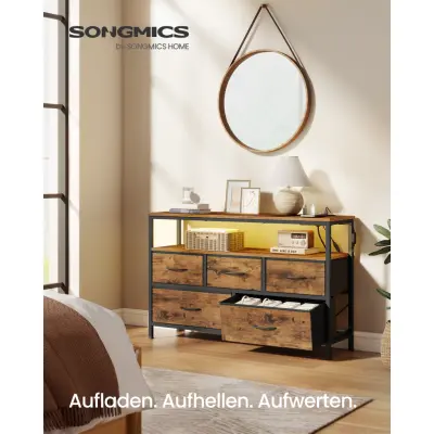 SONGMICS BELLAH Collection - Sovrumsbyrå, Förvaringsmöbel, Justerbar LED-belysning, Grenuttag, 1 Hylla, 5 Lådor, Industriell stil, Rustik brun och bläcksvart LGS723KD01