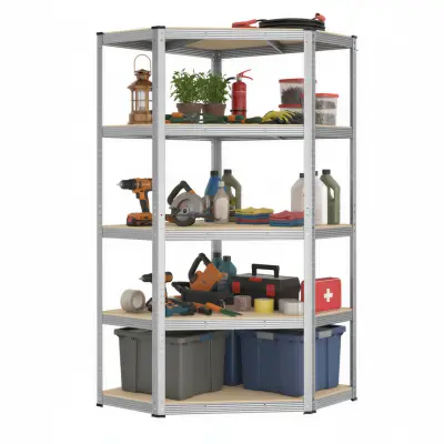 SONGMICS GLR080E01 Hörnhylla 5 nivåer, kraftig hylla, metall, förvaringshylla för garage, förråd, källarhylla, set om 1 (180 x 70 x 40 x 43 cm, maxbelastning 875 kg, silver/naturbeige)
