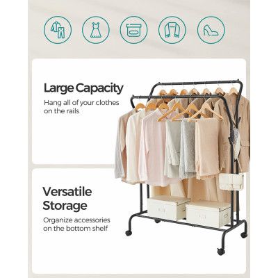 SONGMICS Klädstång, klädhängare, dubbel klädstång, kraftig metallram, med hjul och hylla, 100 kg total max. Last, 103,5 cm bred, klädförvaring, svart HSR107B01