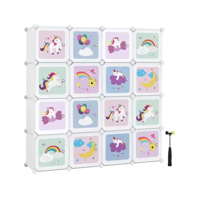 SONGMICS kubhylla multifunktionellt skåp med 16 kubformade dörrar hyllsystem garderob skohylla plast för barnskor leksaker 123 x 31 x 123 cm vit LPC906W01