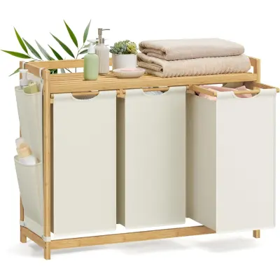 SONGMICS Tvättkorg med 3 fack, Tvättkorg, Rymmer upp till 150 l, Tvättsorterare, Med Hylla, Tvättpåse, Sidofickor, 3 x 50 l, 94 x 33 x 78 cm, Krämvit RLH115W01
