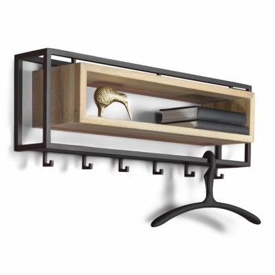 SPINDER DESIGN School klädhängare, med 6 galgar och trähylla - ek och svart stål (78x29,5)