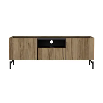 TVILUM Bergen TV-bord, med 2 dörrar, 2 hyllor, 1 fack och 1 låda - ekfärgat och mattsvart trä (147x41,3)